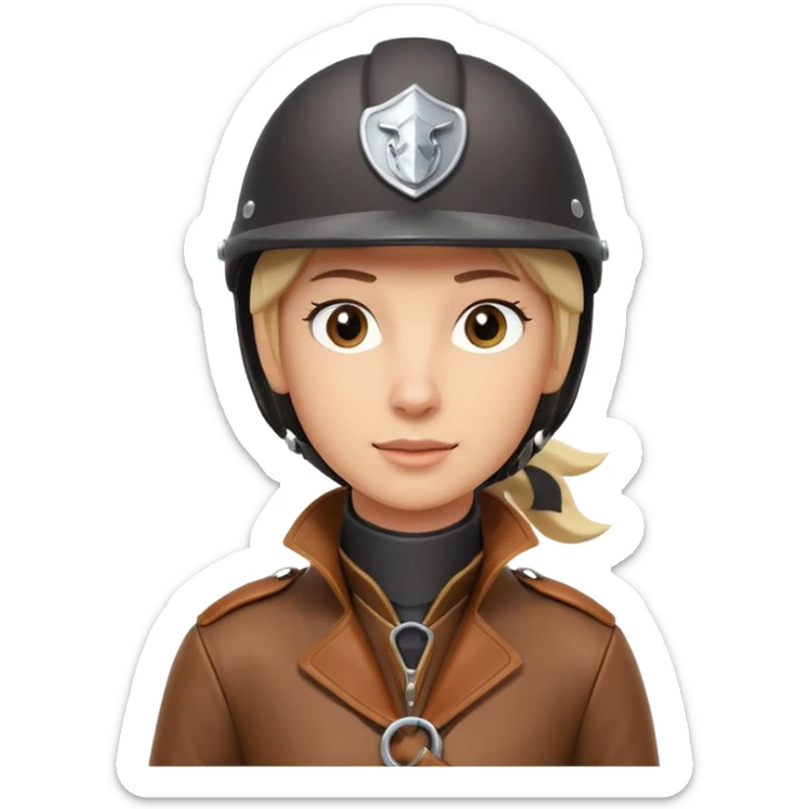 horse rider portrait, head and shoulders only, wearing riding helmet, leather jacket collar, confident expression, subtle horse tack strap visible, 3D cartoon, mobile game icon style, clean background, no text, no watermark
 sticker