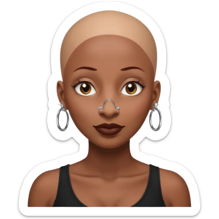 Grown black (proud) woman, bald with a perfect head, a prominent nose with a septum piercing, many piercings on her ears, a gap between her front teeth and very long nails sticker