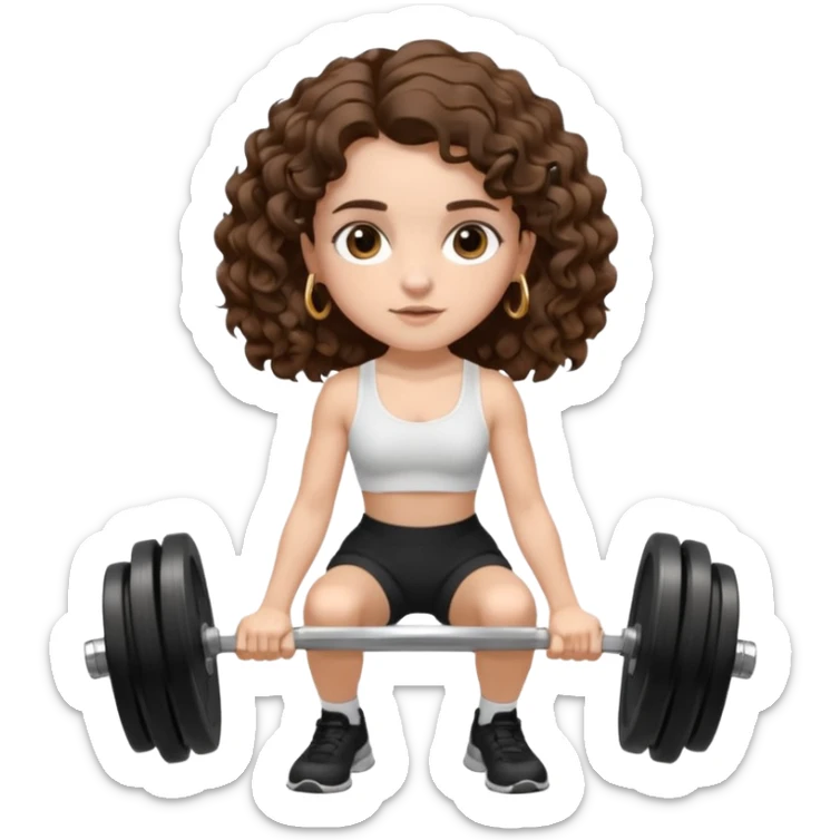 full body, very beautiful italian girl, dark brown eyes, looking like Emma Watson, with curly and big volume very bright brown hair, and a golden piercing ring in nose on left side, pumping dumbbells

 sticker