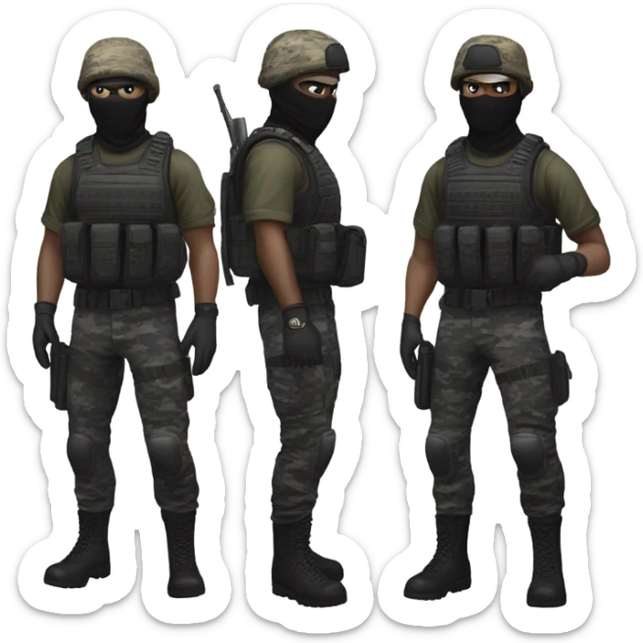 White male, call of duty black mask, tactical gear, camo pants, combat boots, black beanie, blue eyes sticker