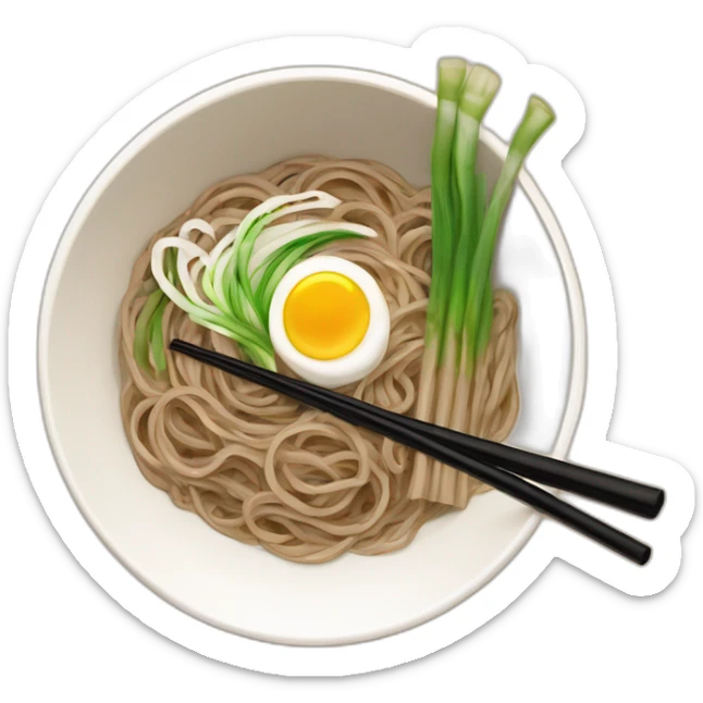 bowl of japanese buckwheat soba noodles with two chopsticks and spring onions sticker