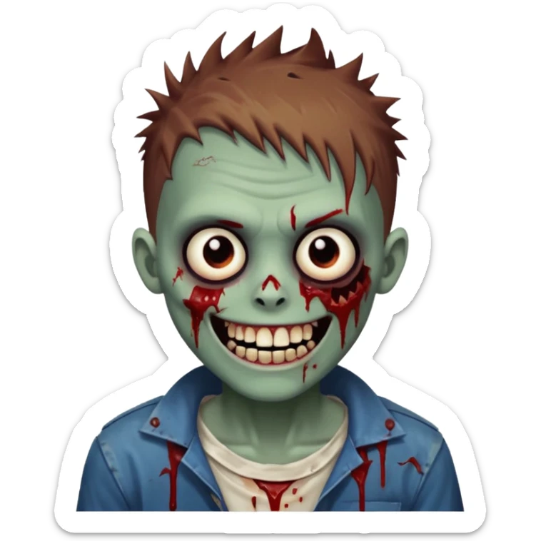 zombie boy with brown short spiky hair, white skin, and white eyes; an open smile, and bloodied teeth; sticker
