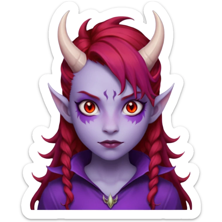 Demon Girl Purple Skin Dragon Horns Black Eyes Red Glowing Pupils Auburn Haired Red Shirt  sticker