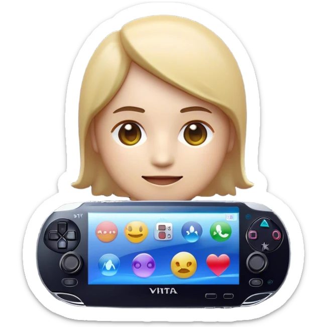 Clash of Clans aesthetic: Cinematic Playful PlayStation Vita Portrait Emoji, rendered in a 3D vector-style similar to standard emojis with minimal shading and bold, simplified shapes. A compact, distinct form with signature details, softly glowing with a cutting-edge console technology charm. Simplified yet unmistakably iconic, highly detailed and consistent, glowing with a soft radiance and high shine. Stylized with a touch of technological advancement and a soft glowing outline, capturing the essence of a beloved gaming relic with a friendly, playful manner! sticker