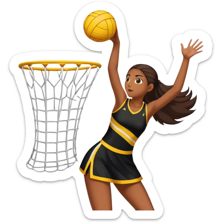 Brown haired girl in black dress with yellow stripe shooting into a netball net sticker