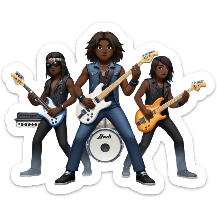 Icon for Metal Music: metal band on stage with 4 musicians playing electric guitars, bass, and drums. The atmosphere is intense, with flashing lights, smoke, and energetic stage presence. The vibe is powerful and electric. Transparent background. sticker