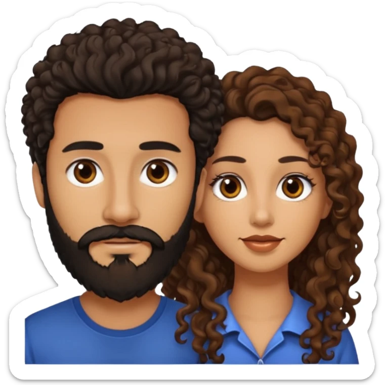 pareja de Mujer morena rizada cabello largo castaño ojos oscuros y hombre piel clara cabello negro con barba  y ojos marron sticker