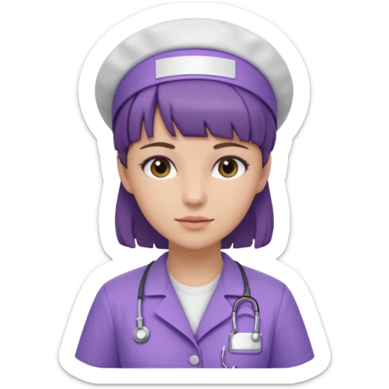 A young female slim nurse with short Brown hair with fringe over her forehead, wearing larvendar purple working cloth only no cap on her hair sticker