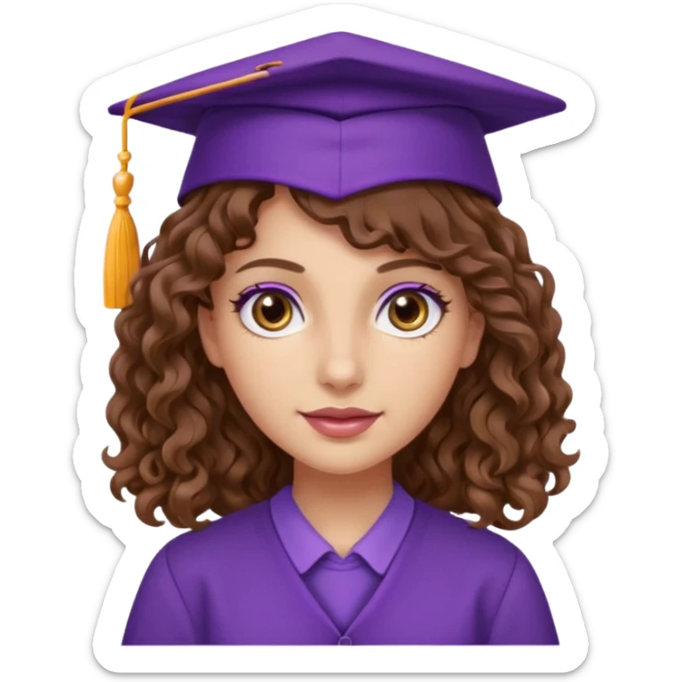 beautiful  woman normal skin with more wavy curly more longuer brown hair and hazel eyes with purple school hat sticker