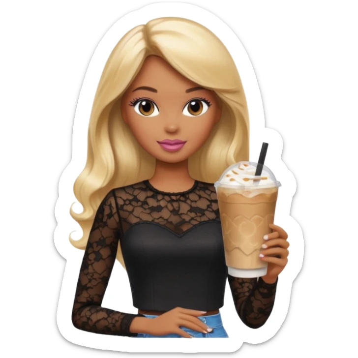 brown skin blonde barbie wearing black lace shirt with iced latte sticker
