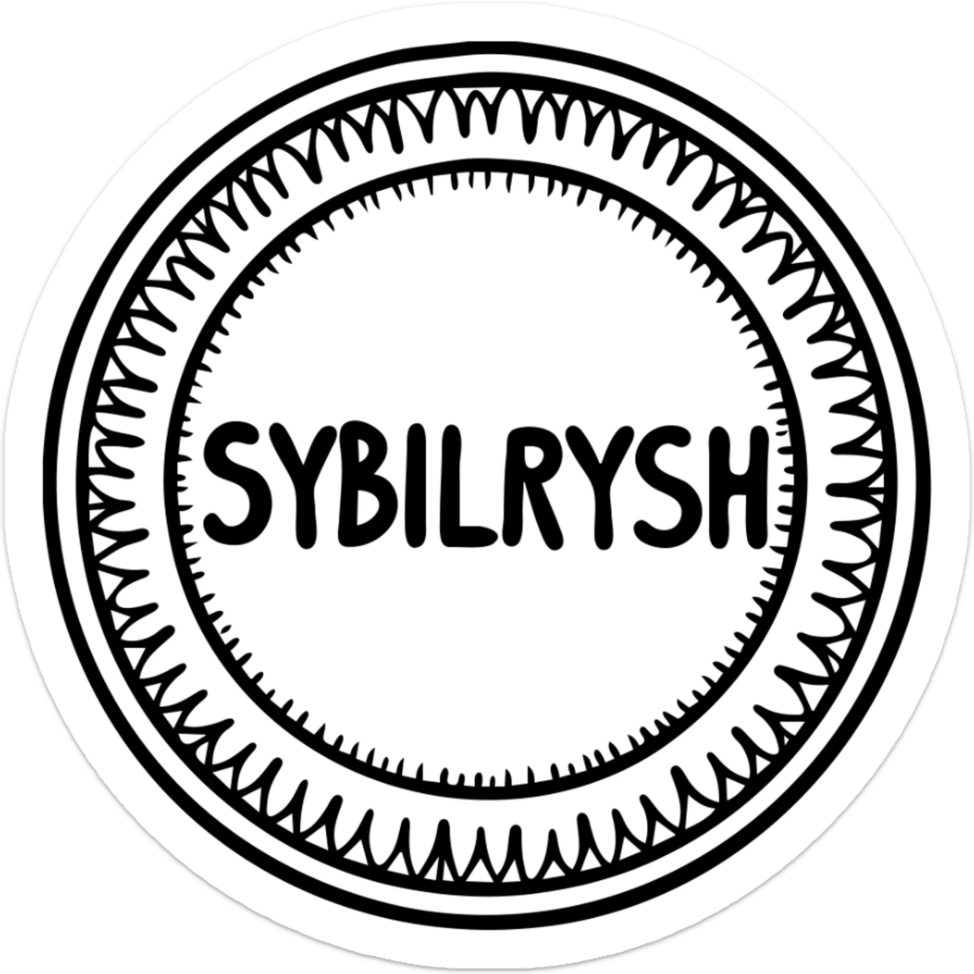 A gold textured coin with the text "SYBILRYSH" inscribed in the center. The coin has a rim with detailed gold grain pattern and metallic shine. sticker