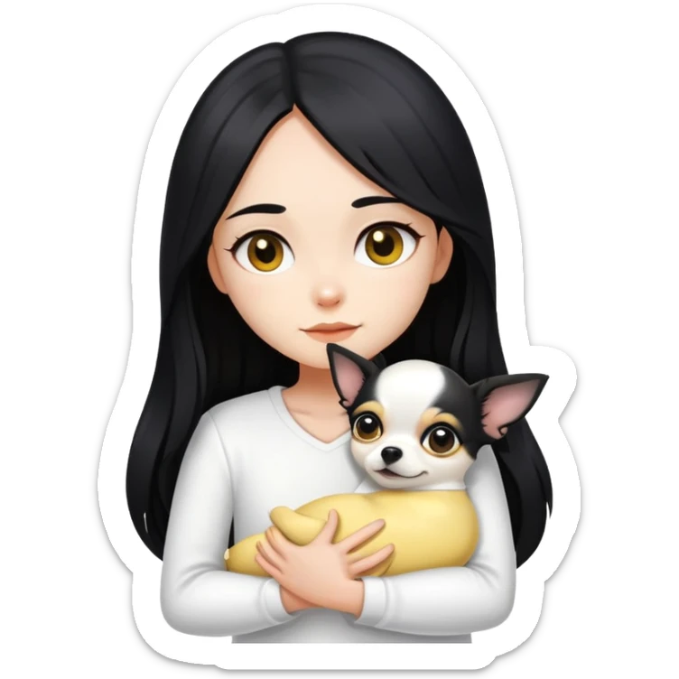Fair skin girl - long black hair - white clothes - hugging a black, yellow and white Chihuahua sticker