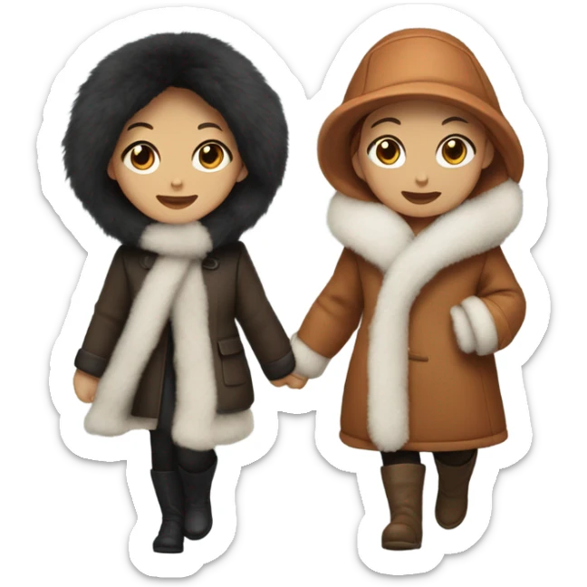 Two girls in fur winter coats walking one with black hair white skin and the other with copper hair and white skin walking sticker