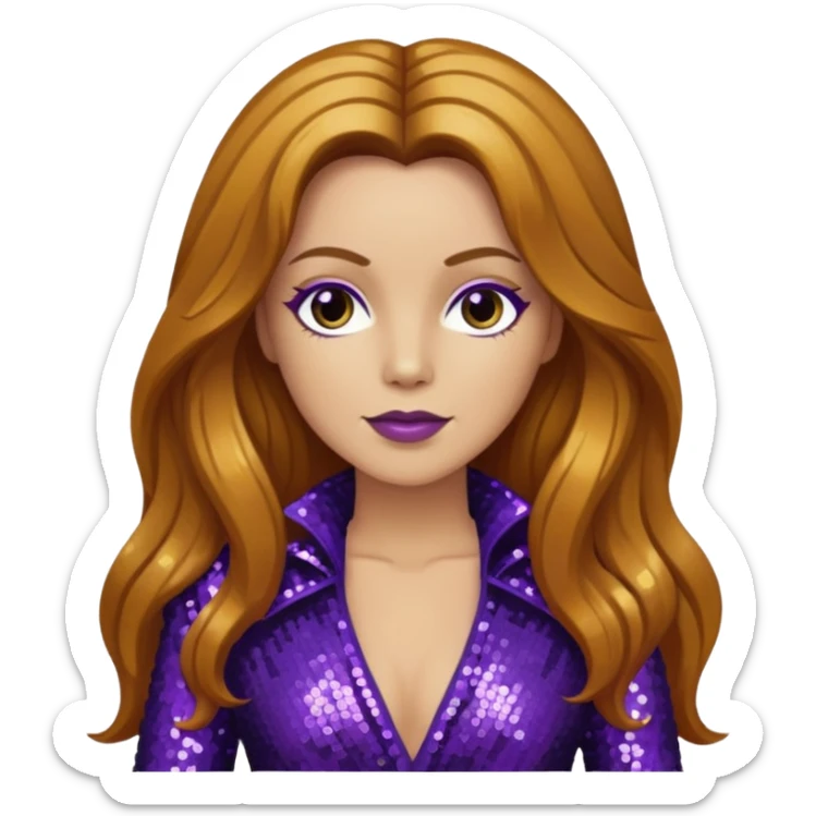 Lee Purcell with long golden brown hair, dark purple sequin outfit sticker