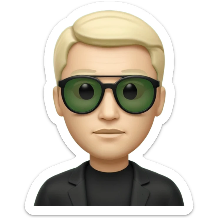 3D memoji-style emoji like Apple Memoji, male character wearing black sunglasses, smooth rounded face, minimalist design, inspired by The Matrix movie, subtle green matrix glow, dark background, cinematic lighting, high quality. sticker