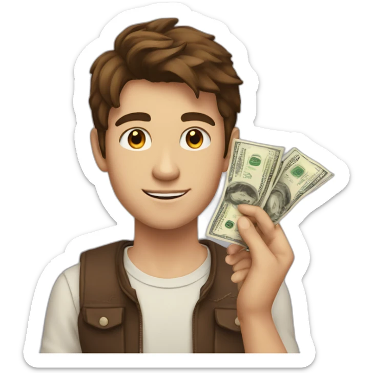 A rich teenagers with forward Brown hair and beige skin with money in his hand sticker