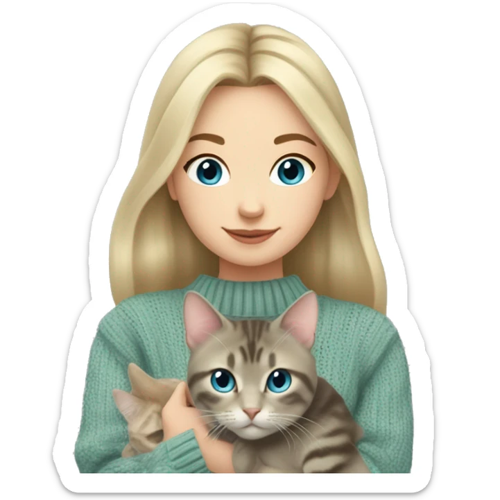 Blond chin lenght hair girl with middle part and blue eyes in a sage sweater holding a grey tabby cat with white paws and face sticker