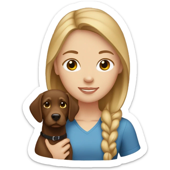 White girl with brown-blonde hair holding a brown Labrador  sticker