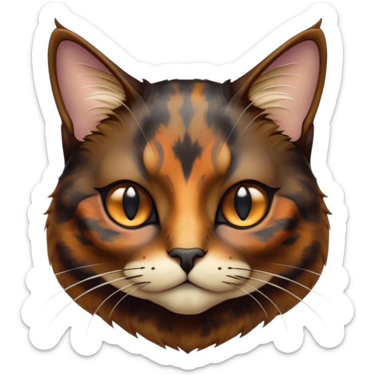 Cinematic Noble Tortoiseshell Cat Portrait Emoji, Poised and dignified, showcasing a luxurious, mottled fur of rich browns and blacks, with elegantly arched whiskers and a determined yet gentle expression, simplified yet meticulously detailed, glowing with a subtle, regal radiance, high shine, embodying quiet nobility and refined charm, soft glowing outline, capturing the essence of a sophisticated tortoiseshell cat exuding quiet authority! sticker
