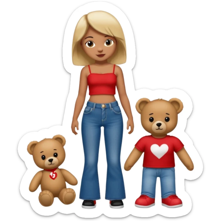 A boy and a girl teddy bear for the boy bear put on true religion shirt and jeans with black shoes and for the girl put flare jeans and a red tube top and white shoes just bears not the humans  sticker