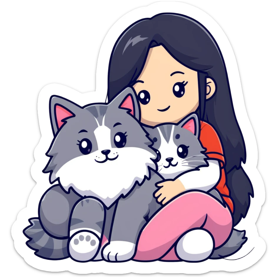 Girl with long black hair hugging a gray fluffy plush toy and a tricolor Maine Coon cat sticker