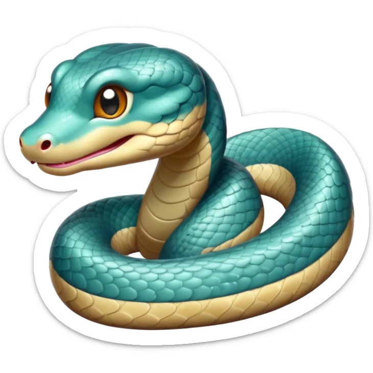 Cinematic Cute Chinese Water Snake Portrait Emoji, Head tilted playfully and inquisitively, with a compact, lithe form and a smooth, shimmering coat in subtle aquatic hues, round, sparkling eyes filled with curious fluidity, Simplified yet irresistibly adorable features, highly detailed, glowing with a warm, friendly glow, high shine, affectionate and agile, stylized with a touch of aquatic whimsy, soft glowing outline, capturing the essence of a mischievous yet loving water snake that feels like it could slither out of the screen into your arms! sticker