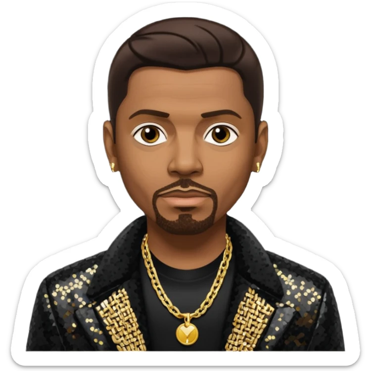 Keith Sweat (b.1961) with dark brown hair, black sequin jacket, black shirt with necklace sticker