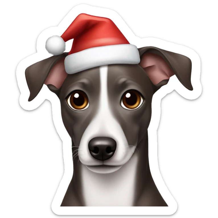 All Dark Grey brown Formosa mountain dog and Italian greyhound mix no white on the face, dark brown eyes, ears up with Santa hat sticker