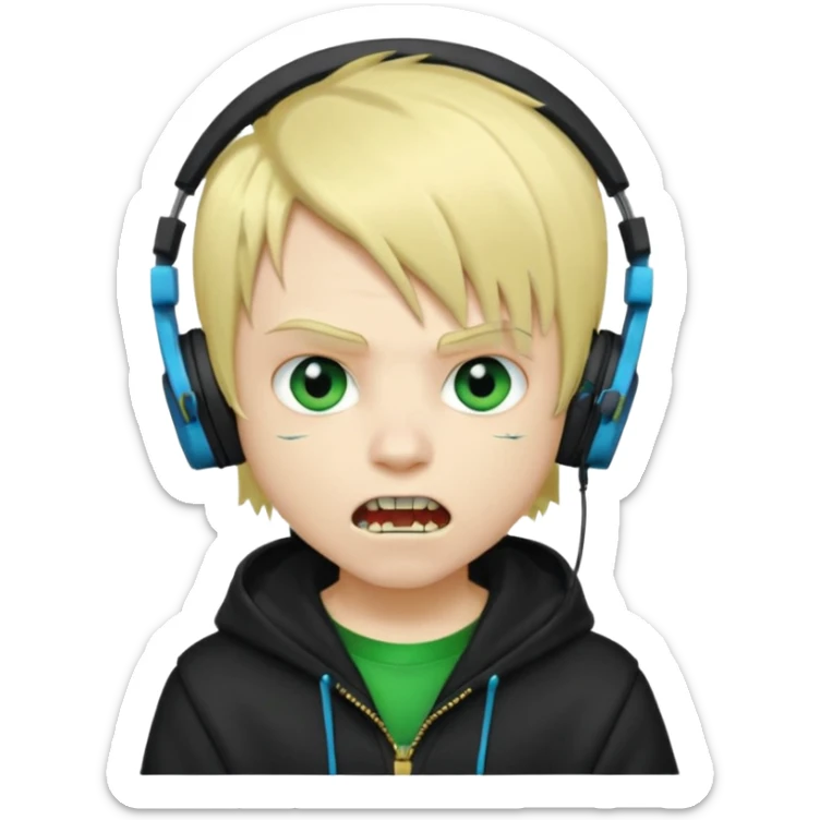 boy vampire whit blonde emo hair and eyes blue and GREEN SKIN and heandphones black AND A MICROFONE AND GOLD TEETH and agesive face and the hoodie black  sticker