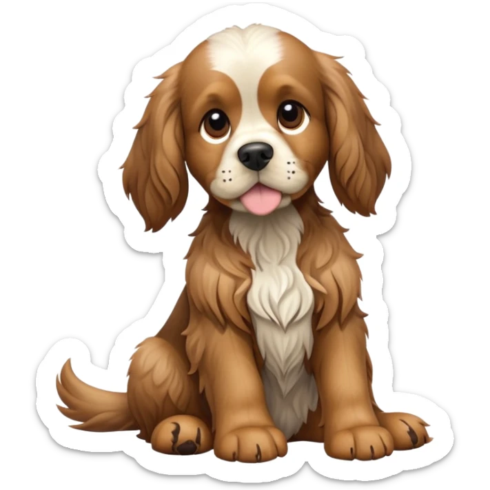 cinematic-[cocker spaniel dog]-realistic-full-body-sitting-emoji,-tail-resting-loosely-beside-its-paws,-head-tilted-dramatically,-scruffy-[solid brown]-fur,-simplified-yet-realistic-focused-features,-highly-detailed,-glowing-with-an-almost-sarcastic-glow sticker