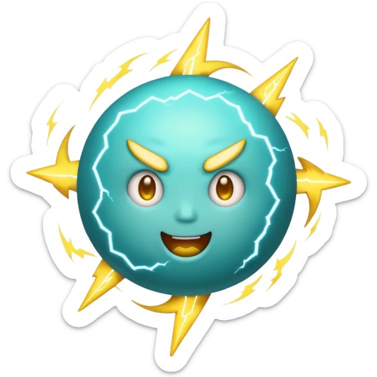 Uranus emoji in Apple-style, blue-green planet with rings, a big, excited, and playful face, and a prominent yellow lightning bolt in front, radiating chaotic and electric energy sticker