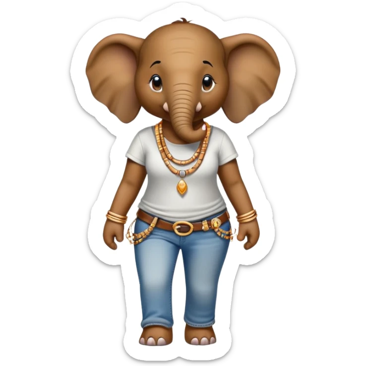 female anthropomorphised elephant in jeans and t-shirt, walking upright, wearing bangles and earrings sticker