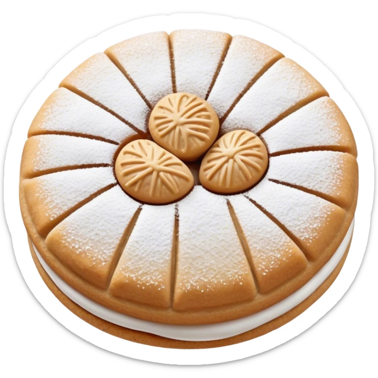 Ma'amoul Cinematic Realistic Ma'amoul Dessert Emoji, depicted as one or two delicate, date-filled cookies lightly dusted with powdered sugar, rendered with intricate textures and warm, inviting lighting. sticker