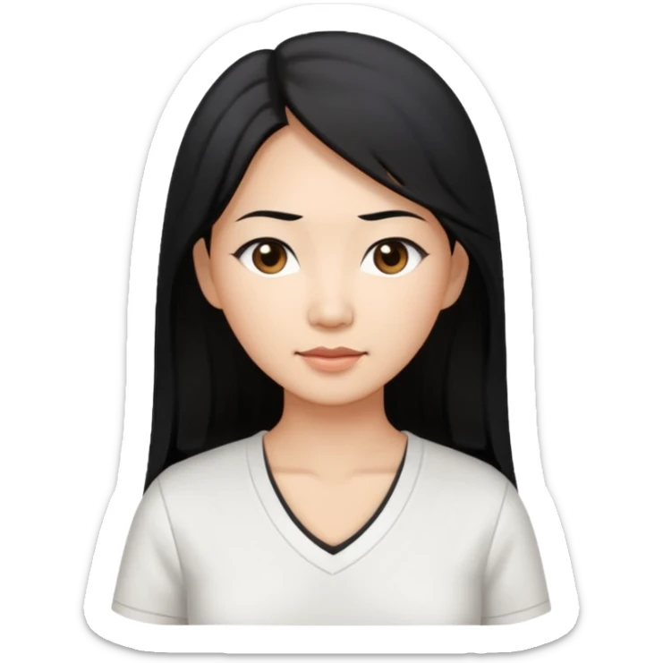 asian mom with long black hair and big brown eyes emoji in a white v neck shirt sticker