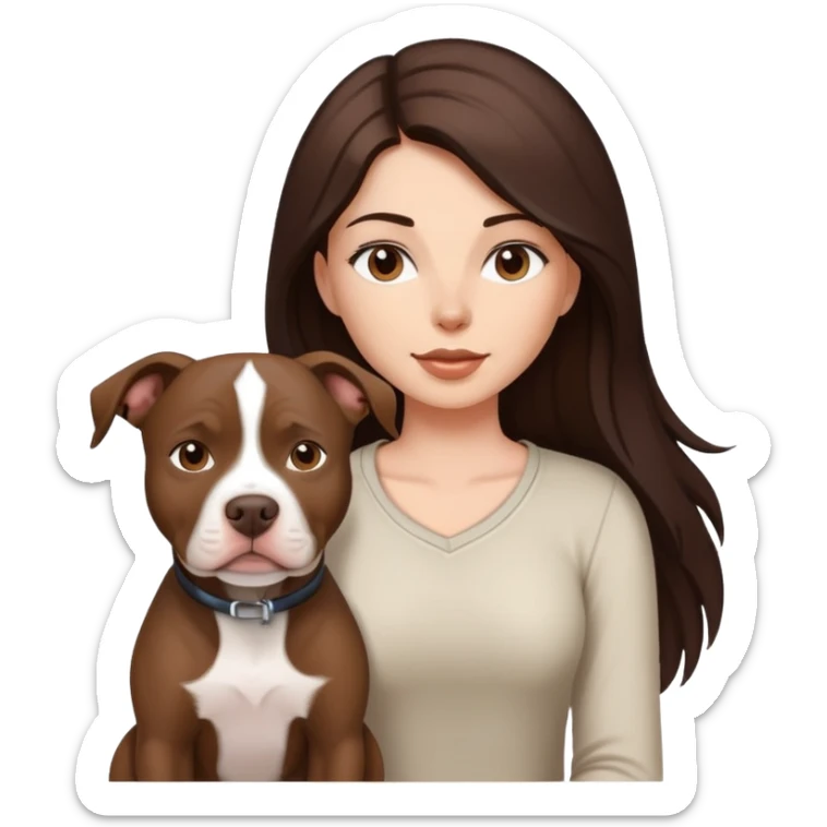 girl with dark brown long hair with her pitbull dog brown and white sticker
