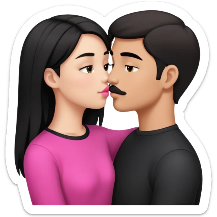Brunette boy with short hair and black mustache wearing black clothes, kissing white girl with long black hair wearing pink clothes sticker