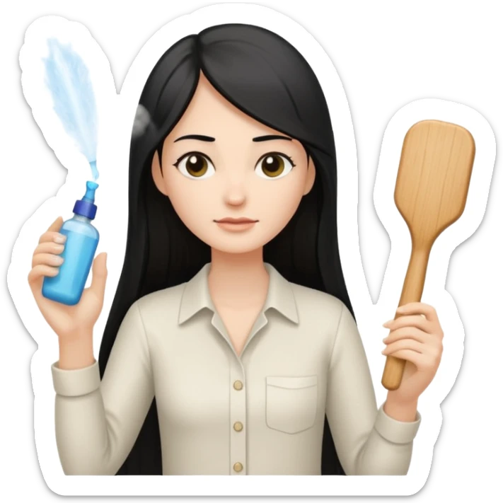 A white woman with long, straight black hair, wearing an ivory-colored shirt, holding a small square wooden paddle hairbrush in her left hand and spraying a hair mist bottle with her right hand toward her hair. sticker