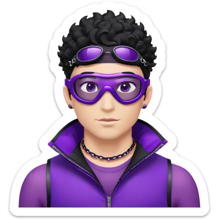 male athlete with white skin and moderately curly black hair on top with shaved sides, wearing ski goggles with purple frames and very dark black lenses, a simple plain black chain necklace, and an open shiny purple vest showing his chest and abs, no earrings sticker