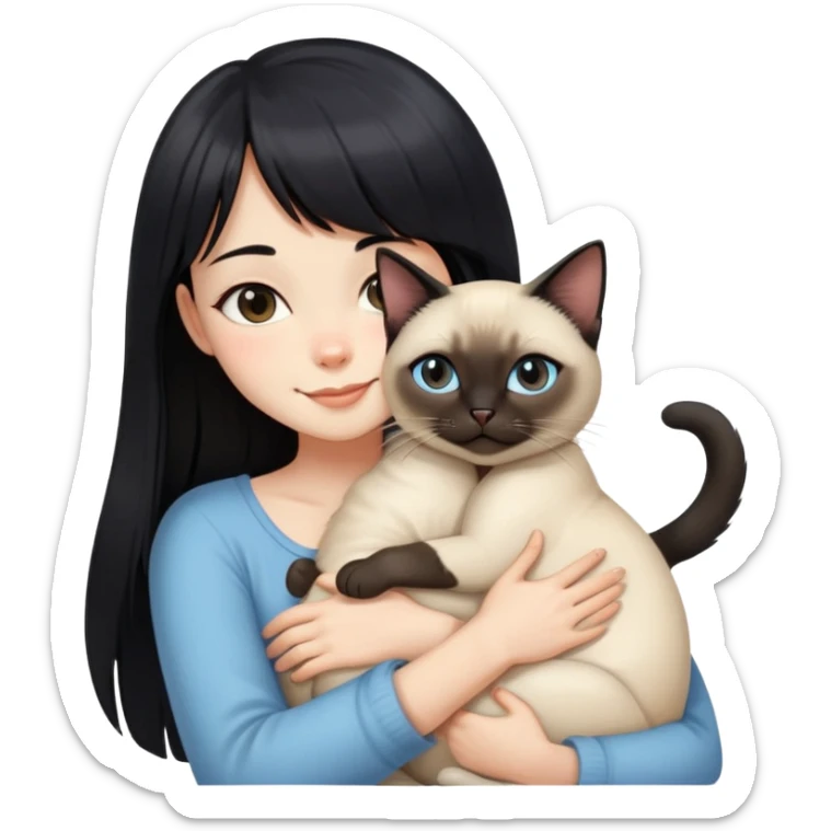 A girl with long black hair and bangs happily hugs a Siamese cat sticker