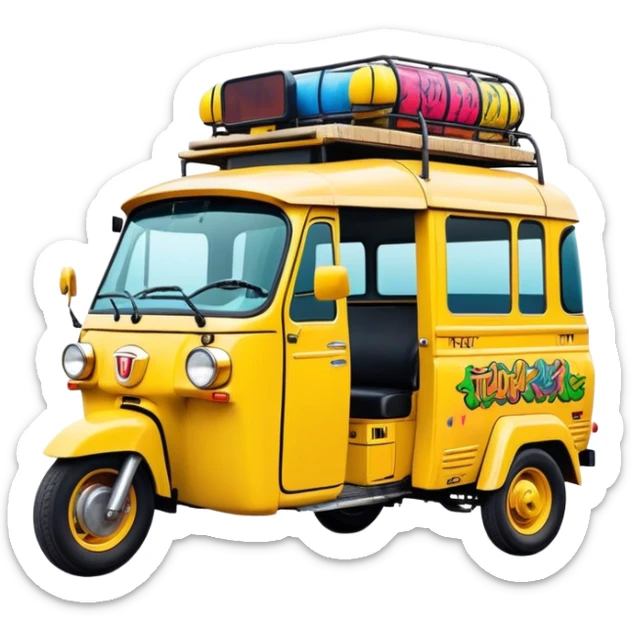 Cinematic Realistic Tuk Tuk Pop Culture Emoji, featuring a vibrant portrayal of the iconic Thai tuk tuk rendered with dynamic textures and lively, urban lighting. sticker