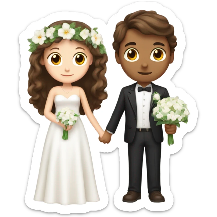 brown hair boy and girl getting married with white flowers in the girls hand and a ring in the boys hand  sticker
