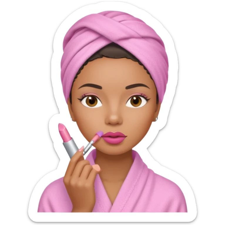 Mixed-race woman with caramel skin, wearing a pastel pink spa wrap, applying lipstick  sticker