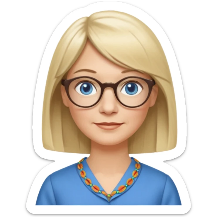 50 yr old white woman, hippie parted very long hair, short bangs, very long straight blond hair, oval face, small smile, blue eyes, thin face, hair downback, hair parted at center of head, round cheeks, pale, longer hair, business dress, long hair, big square glasses sticker