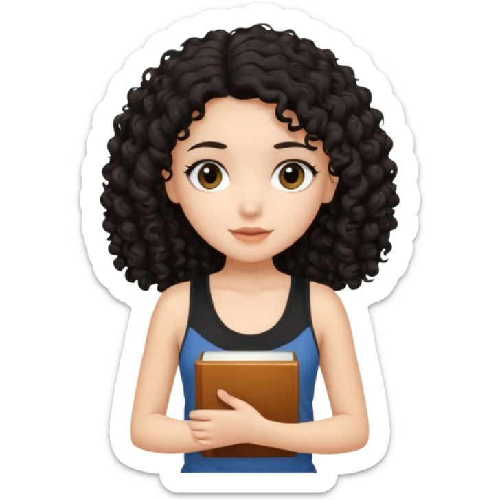 a pretty bratz fair girl with black curly hair in a brown tank top holding a book sticker