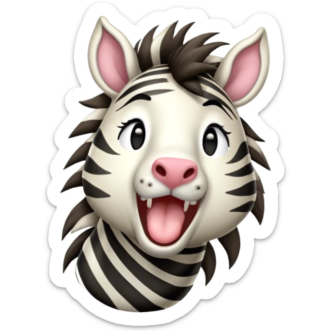 Cinematic Cute Yawning Zebra Portrait Emoji, Head tilted slightly with a dramatic, wide-open yawn, showcasing a soft, downy striped fur with gently drooping ears, a long, elegant equine snout, and round eyes barely open in drowsy contentment, Simplified yet irresistibly adorable features, highly detailed, glowing with a soft, cozy glow, high shine, relaxed yet expressive, stylized with a touch of savannah charm, bright and endearing, soft glowing outline, capturing the essence of a sleepy yet affectionate zebra that feels like it could stretch out of the screen and curl up for a nap! sticker