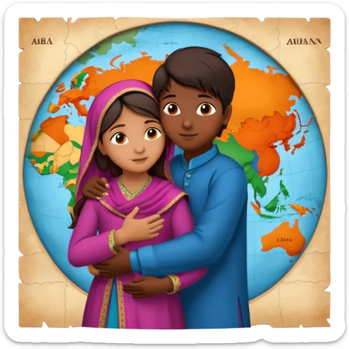 An Afghan girl and Indian boy who are in long distance relationship hug each other from distance.  Afghan girl from on Afghanistan map and boy on India map, they hug each other from this distance. sticker