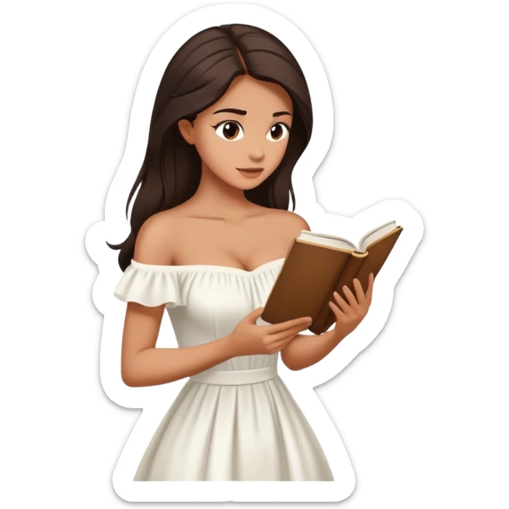 Beautiful woman in 1950’s woman fashion look, off-shoulder white dress, long dark brown hair, reading  sticker
