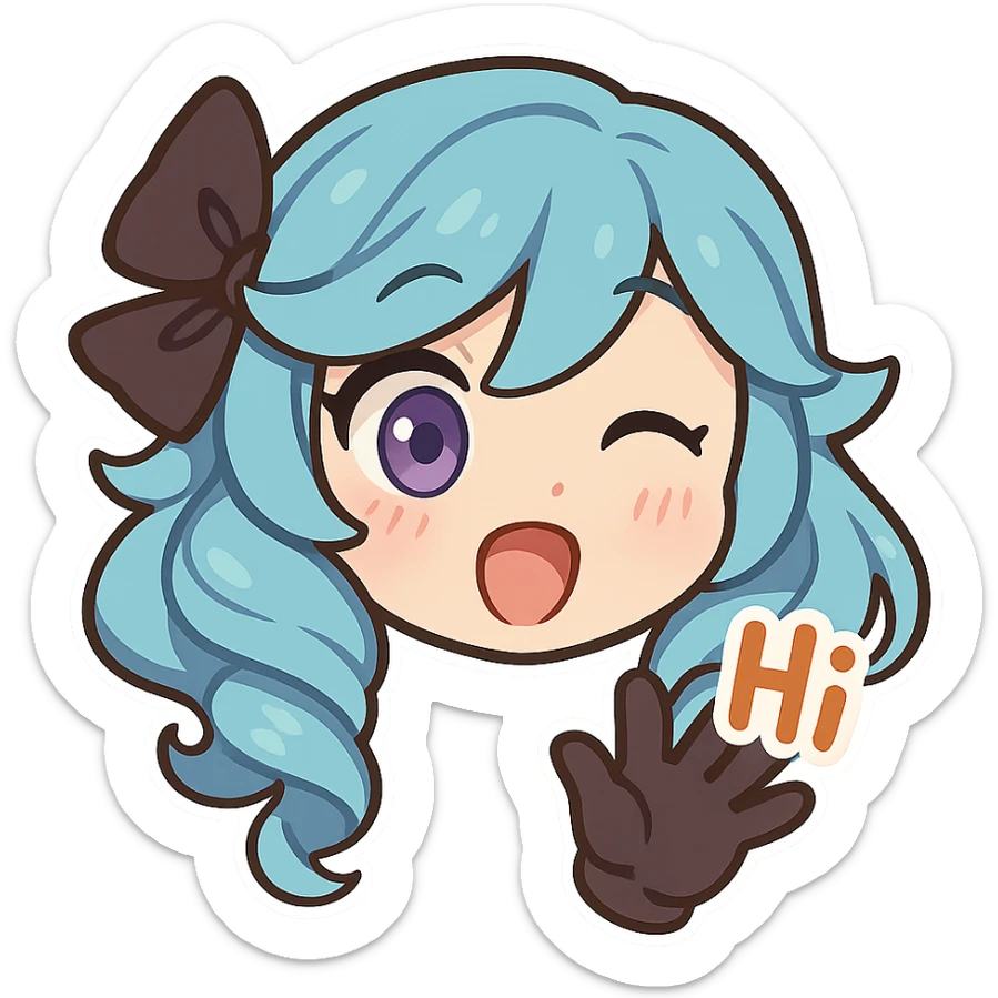 Gwen from League of Legends, chibi style, only head, right eye purple, one hand waving with glove, hi emote, surprised and happy, no text sticker