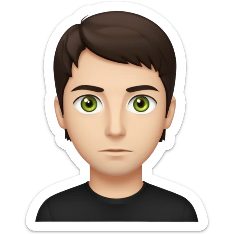A man with olive green eyes, dark brown hair, fair skin tone, wearing a black shirt  sticker