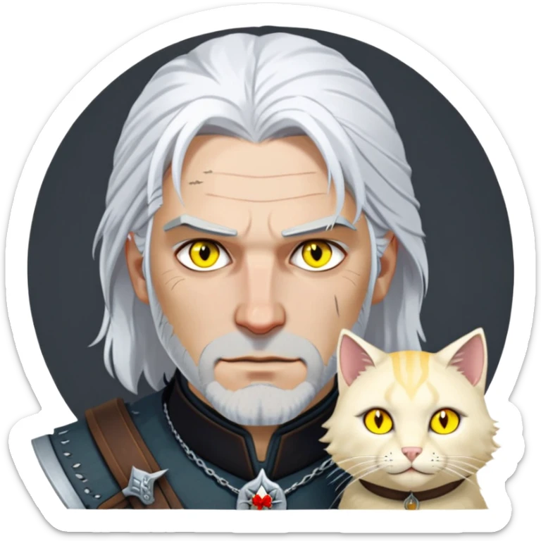 Geralt of Rivia with white hair, yellow cat eyes, and witcher medallion sticker
